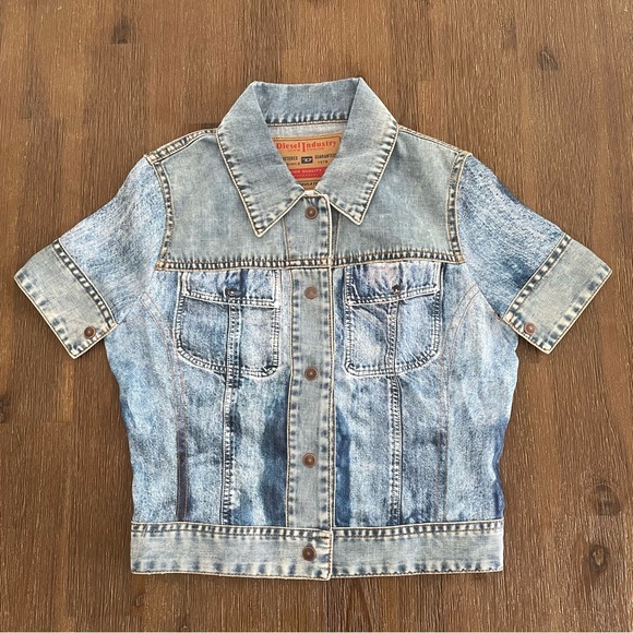 Diesel Tops - Diesel Trompe L’œil crop shirt in blue satin